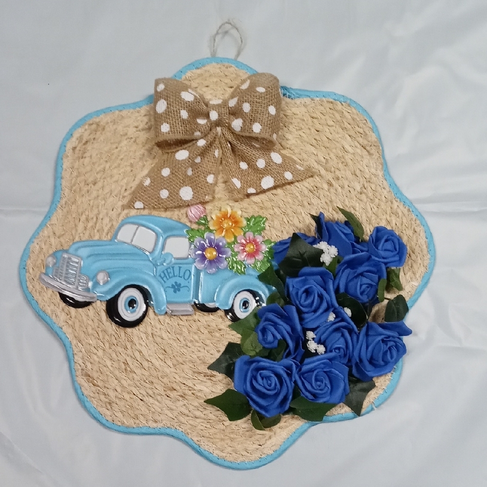 Handcrafted Rustic Blue Rose Truck Hello Wall Decor Wreath